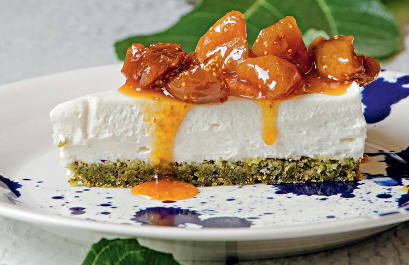 Greek cheesecake with Aegina pistachios and “kouroupa” (Cretan xynomyzithra) by Stelios Parliaros